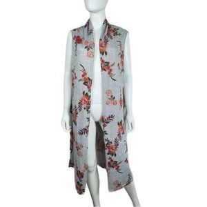 Rouge Collection Floral Sleeveless Gray Knit Long Length Cardigan Duster